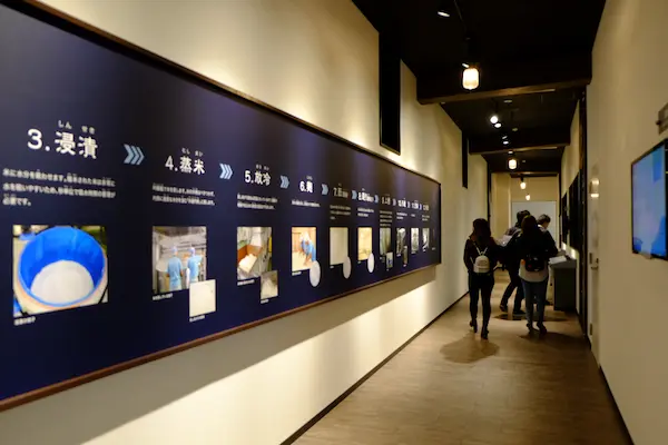 Museum corridor at Kizakura Sake Brewery with illustrated panels explaining each step of the sake brewing process
